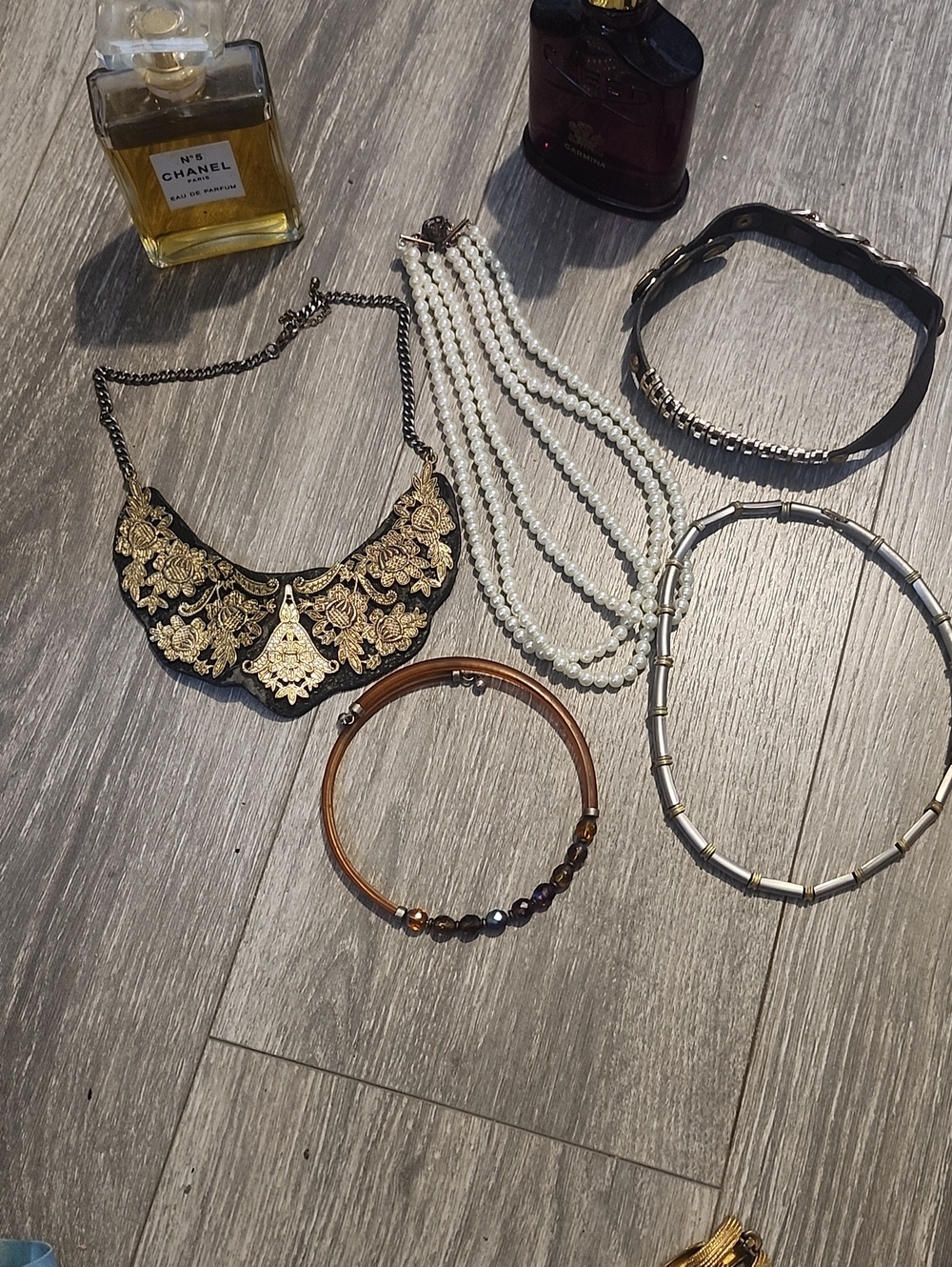 Gold Embellished Black Bib Necklace with Chain Perfume Not Included